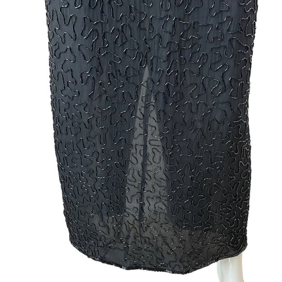 VINTAGE 80s Dress Womens PM Petite Medium Black Beaded Maxi Silk Retro - Picture 7 of 13